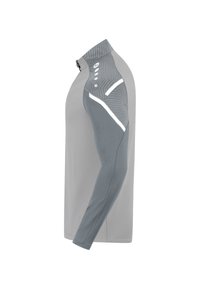 Graues langärmliges Sportshirt mit hohem Kragen, kontrastierendem strukturiertem Schulterpanel und reflektierenden Akzenten an den Ärmeln.