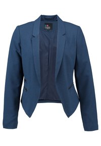 Blå skräddarsydd damblazer med långa ärmar, slagkrage, öppen front och dragkedjefickor på sidan, fullt foder.