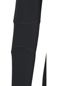 Schwarze Sportleggings mit einer glatten Textur, tailliertem Design und kontrastierenden Nahtdetails entlang der Oberschenkel. Geeignet für Sportbekleidung.