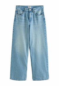 Jean denim bleu clair à jambes larges avec poches devant, passants de ceinture et fermeture par bouton.