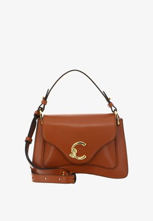 Borsa a mano in pelle marrone con manico superiore e tracolla regolabile, caratterizzata da una fibbia dorata doppia C sulla patta frontale.