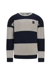 Maglione lavorato a maglia con righe orizzontali blu navy e crema, texture a coste, scollatura tonda e una piccola toppa con logo sul petto.