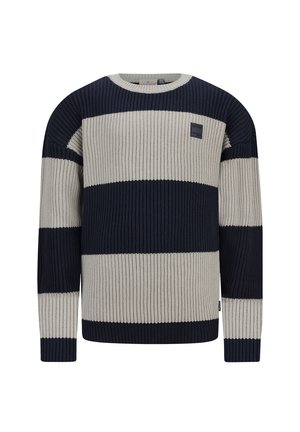Gestrickter Pullover mit horizontalen Streifen in Marineblau und Cream, gerippter Textur, runder Ausschnitt und einem kleinen Logopatch auf der Brust.