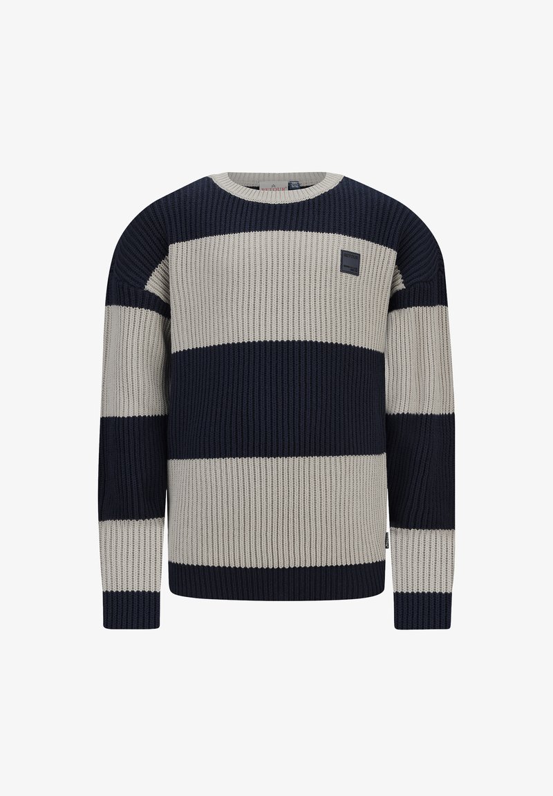Gestrickter Pullover mit horizontalen Streifen in Marineblau und Cream, gerippter Textur, runder Ausschnitt und einem kleinen Logopatch auf der Brust.