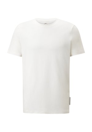 White cotton t-shirt with a crew neck, short sleeves, and a small tonal logo patch on the chest. Smooth texture, classic fit.