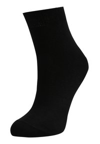 Calzino nero alla caviglia realizzato in un tessuto liscio e elasticizzato, con punta rinforzata, fascia a coste e design senza cuciture per comfort e vestibilità.
