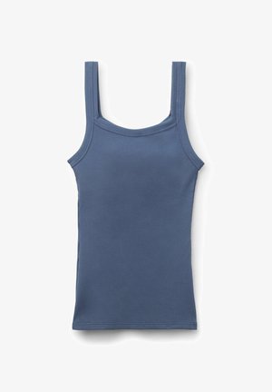 Blauwe geribbelde tanktop met brede schouderbanden en een ronde halslijn. De stof heeft een gladde textuur en een aansluitend ontwerp.