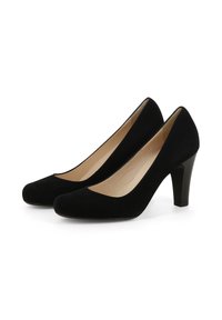 Scarpe con tacco alto in camoscio nero con punta arrotondata e tacco liscio e lucido. Design semplice con fodera interna neutra.