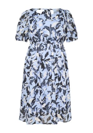 Vestido floral en azul claro, negro y crema. Presenta mangas abullonadas, un escote redondo y una cintura elástica con un detalle de lazo en la parte posterior.