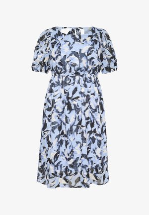 Blumenkleid in Hellblau, Schwarz und Creme. Verfügt über Puffärmel, einen runden Ausschnitt und einen elastischen Bund mit einer Schnüroptik auf der Rückseite.