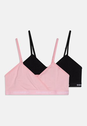 Two bralettes, one pink and one black, both with thin straps and a stretchy band labeled "CONVERSE." Soft fabric with simple design.