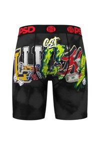 Boxeri negri cu design grafic ce prezintă bani, zaruri și text colorat care spune "GET LUCKY." Talie elastică cu branding roșu.