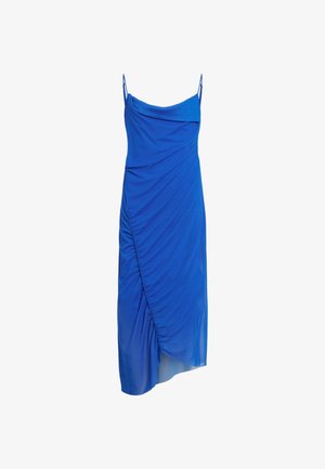 Blue sleeveless dress with a draped neckline, gathered side detailing, and an asymmetrical hem. Made from soft, stretchy fabric.