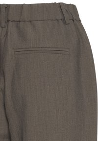 Grau Hosen aus einem strukturierten, gewebten Stoff. Mit einem elastischen Bund und einer einzelnen Gesäßtasche mit horizontaler Öffnung.
