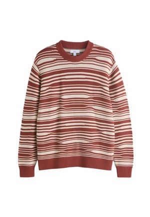 Rot-creme gestreifter Pullover mit Rundhalsausschnitt, gerippten Bündchen und Saum. Der Stoff weist ein strukturiertes Strickmuster auf.
