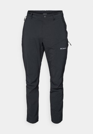 Pantalons de plein air légers et noirs avec une taille élastique, des poches latérales zippées et un logo sur la cuisse gauche. Tissu lisse et durable.