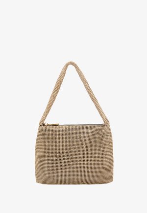 Beige woven bag with a single strap; rectangular shape, zip closure, textured surface with small circular patterns, minimalistic design.