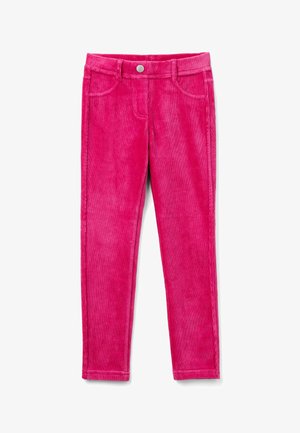 Bright pink corduroy pants with front pockets, belt loops, and a metal button closure, laid flat on a white background.