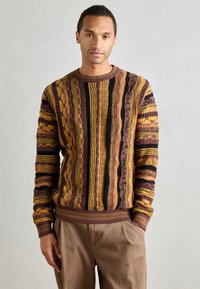 Gebreide trui met een levendig patroon van bruine, gele en zwarte strepen, met gestructureerde details en ribbelmanchetten en -zoom.