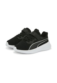 Scarpe sportive nere con parte superiore in mesh, dotate di accenti bianchi e suola in gomma. Include cinturini in Velcro e lacci tradizionali. Design leggero.