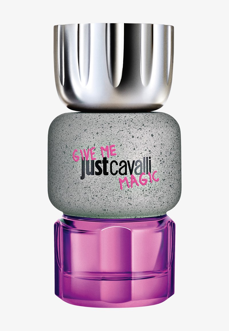 Perfume bottle with silver cap, gray speckled middle labeled "Give Me Just Cavalli Magic," and translucent pink base.