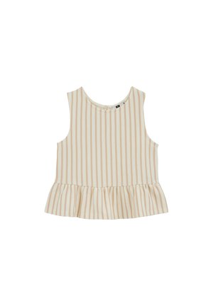 Top crema senza maniche con righe verticali beige e orlo arricciato, caratterizzato da una scollatura arrotondata e chiusura sul retro con bottoni.