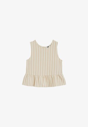 Mouwloos crème topje met verticale beige strepen en een gerimpelde zoom, voorzien van een ronde halslijn en een knoopsluiting aan de achterkant.