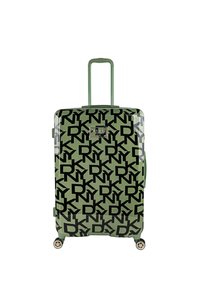 Maleta rígida verde con acabado brillante, patrón de logotipos en negro, asa retráctil y cuatro ruedas para facilitar la movilidad.