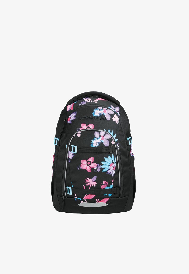 Sac à dos noir orné de motifs floraux colorés en rose, violet et bleu, avec des bretelles ajustables et des accents réfléchissants.
