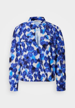 Long-sleeve shirt with a blue and white abstract pattern, featuring a collar, two front pockets, and button cuffs. Made of lightweight fabric.
