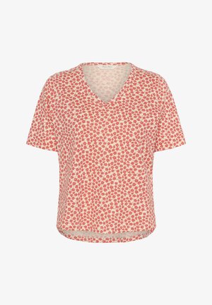 Kurzarmshirt im V-Ausschnitt mit rotem und weißem Blumenmuster, aus leichtem Stoff mit lockerem Sitz und leichtem Stretch.