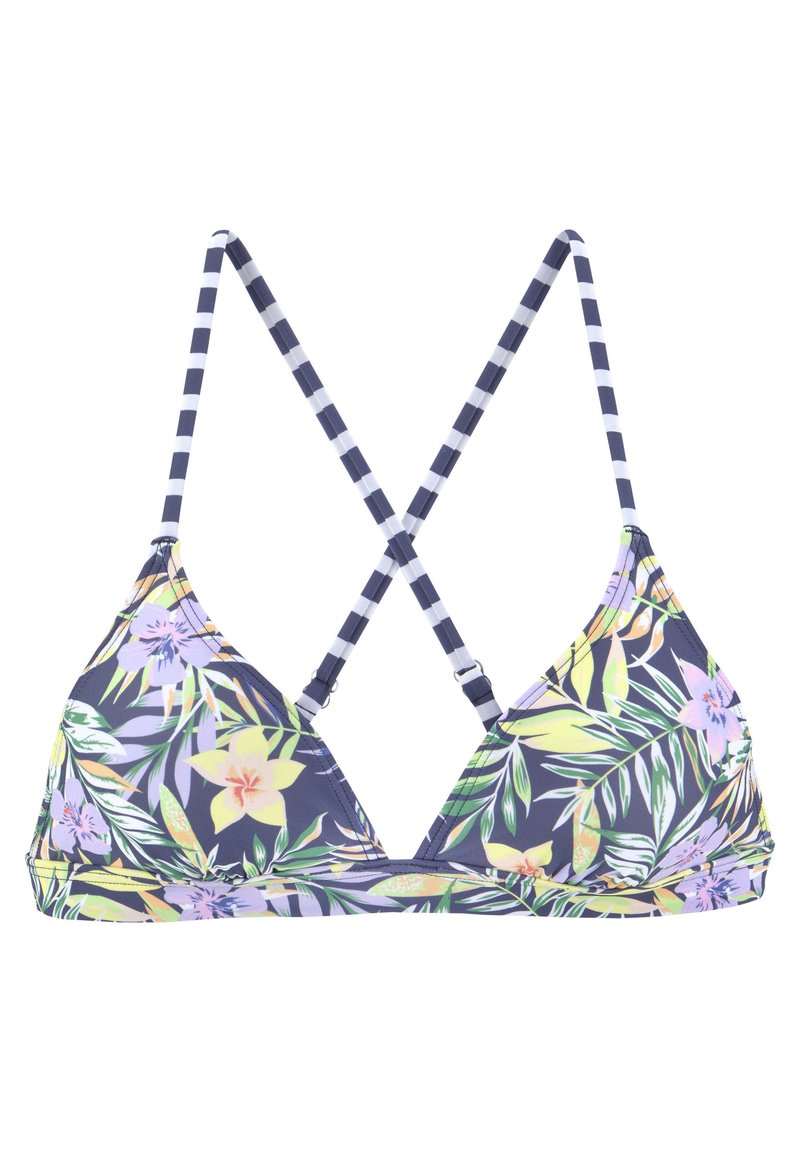 Triangularny biustonosz bikini z ciemnym kwiatowym wzorem w purpurowe i żółte akcenty. Regulowane paski w paski tworzą krzyżowy wzór.