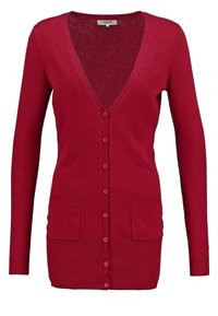 Roter Cardigan mit tiefem V-Ausschnitt, langen Ärmeln, gerippten Bündchen und Saum. Verfügt über zwei frontale Taschen und eine Knopfverschlussreihe auf der Vorderseite.