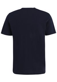 T-shirt a maniche corte blu navy, realizzato in morbido cotone, presenta un classico colletto a girocollo e un orlo dritto. Nessun motivo o dettaglio visibile.