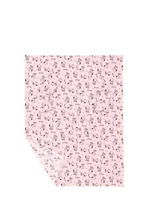 Pink fabric or blanket with repeating black and white Snoopy character and small heart patterns printed all over.