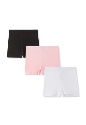 Trzy pary szortów z rozciągliwej bawełny: jedna czarna, jedna jasnoróżowa i jedna biała. Każda para ma prosty, gładki fason oraz elastyczny pas.