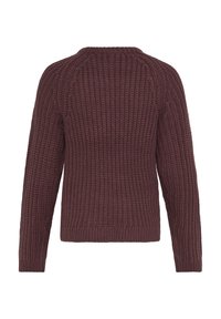 Dunkelburgunderfarbener Pullover, der ein strukturiertes Muster, Raglanärmel und gerippte Säume und Bündchen aufweist. Keine vorderen Details sichtbar.