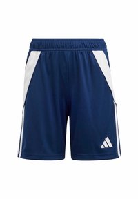 Pantalones cortos deportivos de color navy con cintura elástica, paneles laterales blancos y un pequeño logo blanco en la parte inferior derecha de la pierna, fabricados con un tejido suave.