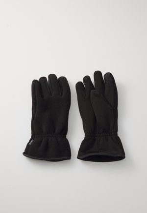 Gants noirs en polaire, avec un poignet élastique ajusté et une couche extérieure lisse. Forme contour avec cinq compartiments séparés pour les doigts.