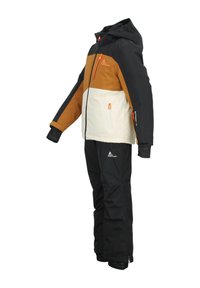 Ensemble d'hiver en deux pièces : veste noire, marron et crème avec capuche, poches zippées ; pantalon de neige noir assorti avec détail de logo.