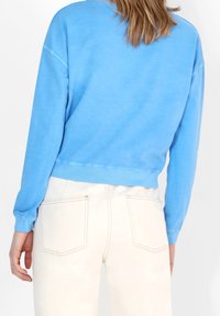 Felpa in cotone azzurro chiaro con vestibilità morbida, polsini e orlo a coste; indossata su pantaloni color crema con tasche applicate.