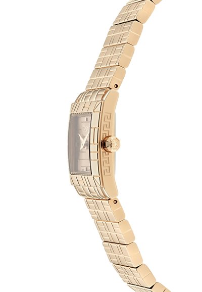 Zelta toņa taisnstūra pulkstenis ar teksturētu siksnu un skaidru seju. Iekļauj izteiktu kroni un ģeometrisku rakstu uz malas.