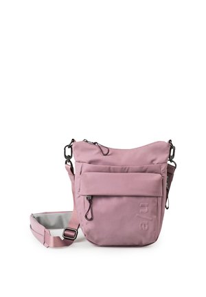 Borsa a tracolla color malva con tracolla regolabile, più scomparti con zip e logo in rilievo sulla tasca frontale.