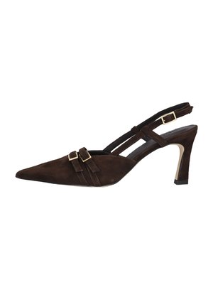 Dark brown suede pointed-toe slingback high heel shoe with two decorative gold buckles on front straps.