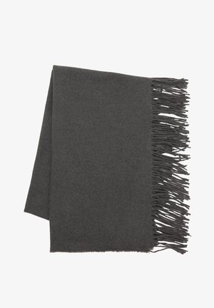 Dunkelgrauener Schal aus weichem Stoff, mit einem schlichten Design und langen Fransen auf einer Seite. Rechteckige Form, minimaler Textur.