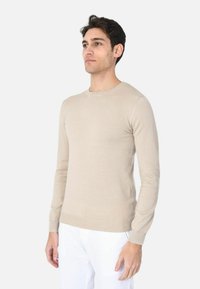 Maglione beige a maglia con maniche lunghe, collo a giro, design aderente e sottili dettagli a coste ai polsini e all'orlo. Indossato sopra pantaloni bianchi.