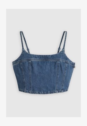 Denim-Crop-Top mit dünnen verstellbaren Trägern, das eine figurbetonte Form, blaue Farbe und Nahtdetails an der Vorder- und Rückseite aufweist.
