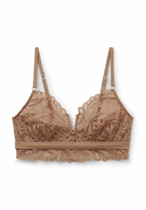 Lace bralette in a medium brown shade, featuring a scalloped edge, V-shaped neckline, and a soft, wide band beneath. Adjustable straps.