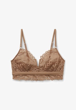 Kant bralette in een middelbruin tint, met een gegolfde rand, V-vormige halslijn en een zachte, brede band eronder. Verstelbare schouderbanden.