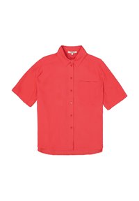 Koraalkleurig shirt met korte mouwen van lichte stof, met een kraag, knopen aan de voorkant en een enkele borstzak.